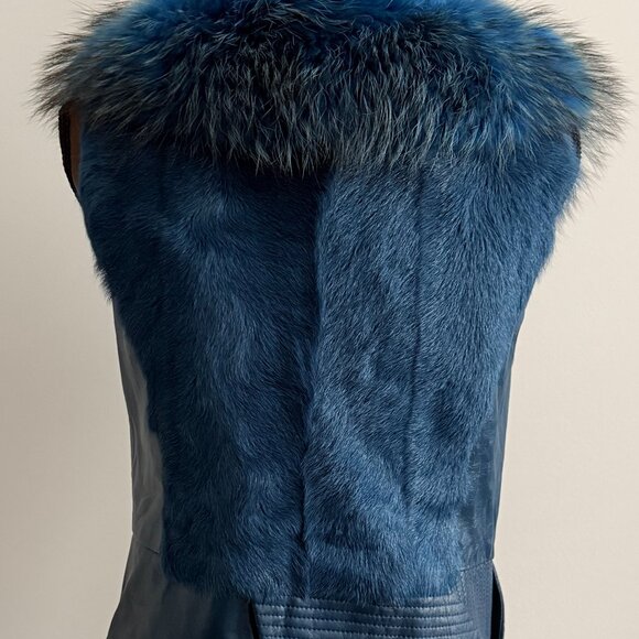 NWOT Blue Leather Vest Real Fox Fur S size - Picture 14 of 15
